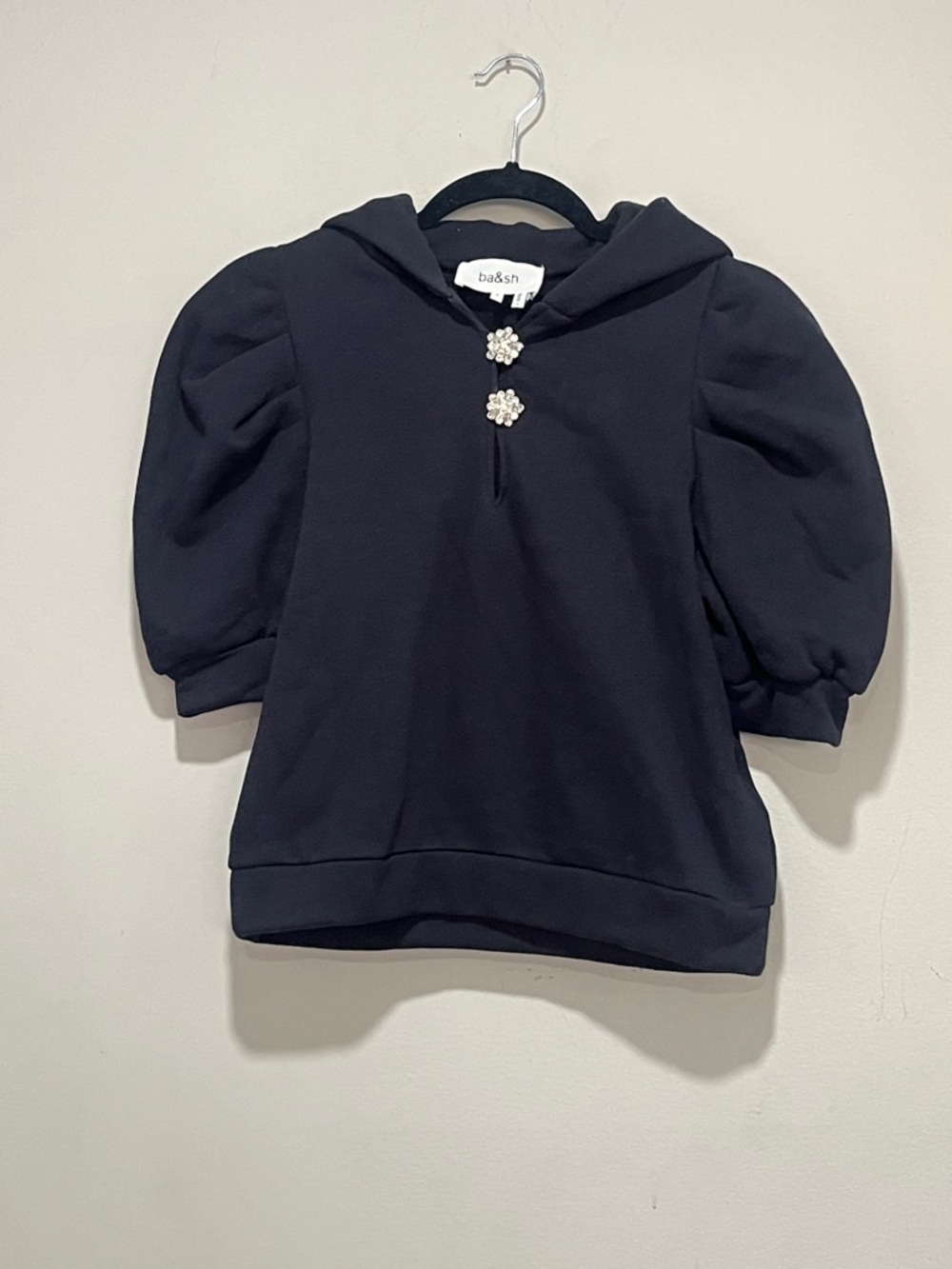 ba&sh Black Puff-Sleeve Hooded Sweatshirt with Pearl Flower Accents